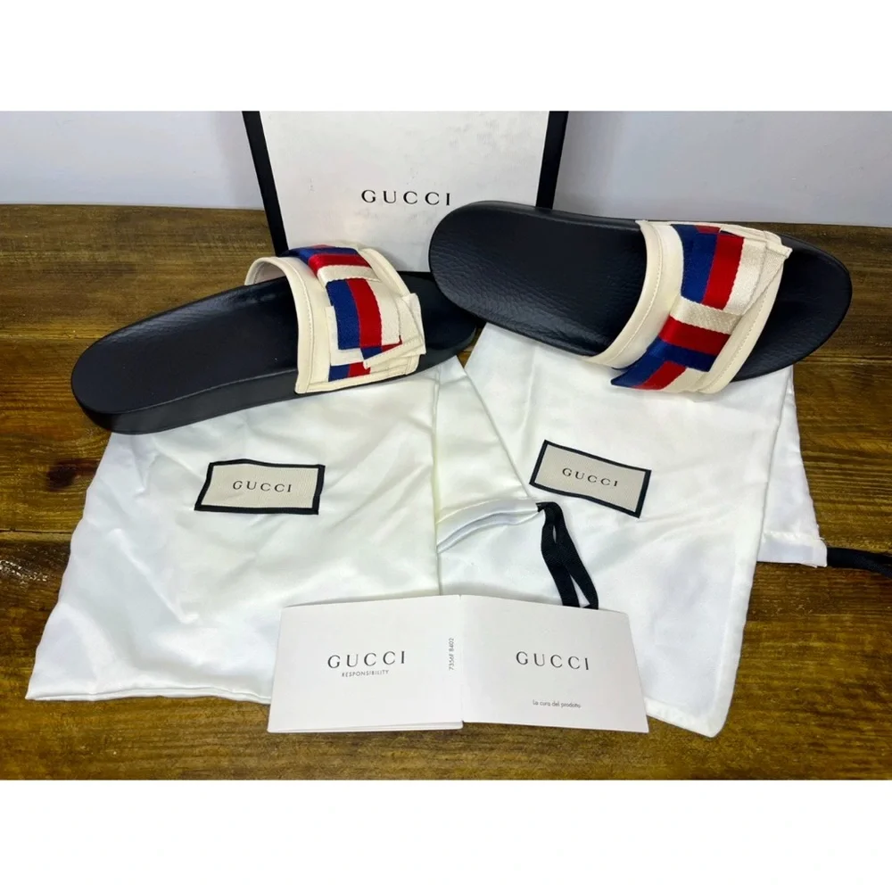 GUCCI SATIN WEB SYLVIE BOW SLIDES 40/10 Women’s New With Box
100% AUTHENTIC - Picture 2 of 8